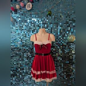 Festive Red Velour Dress with Black Bow